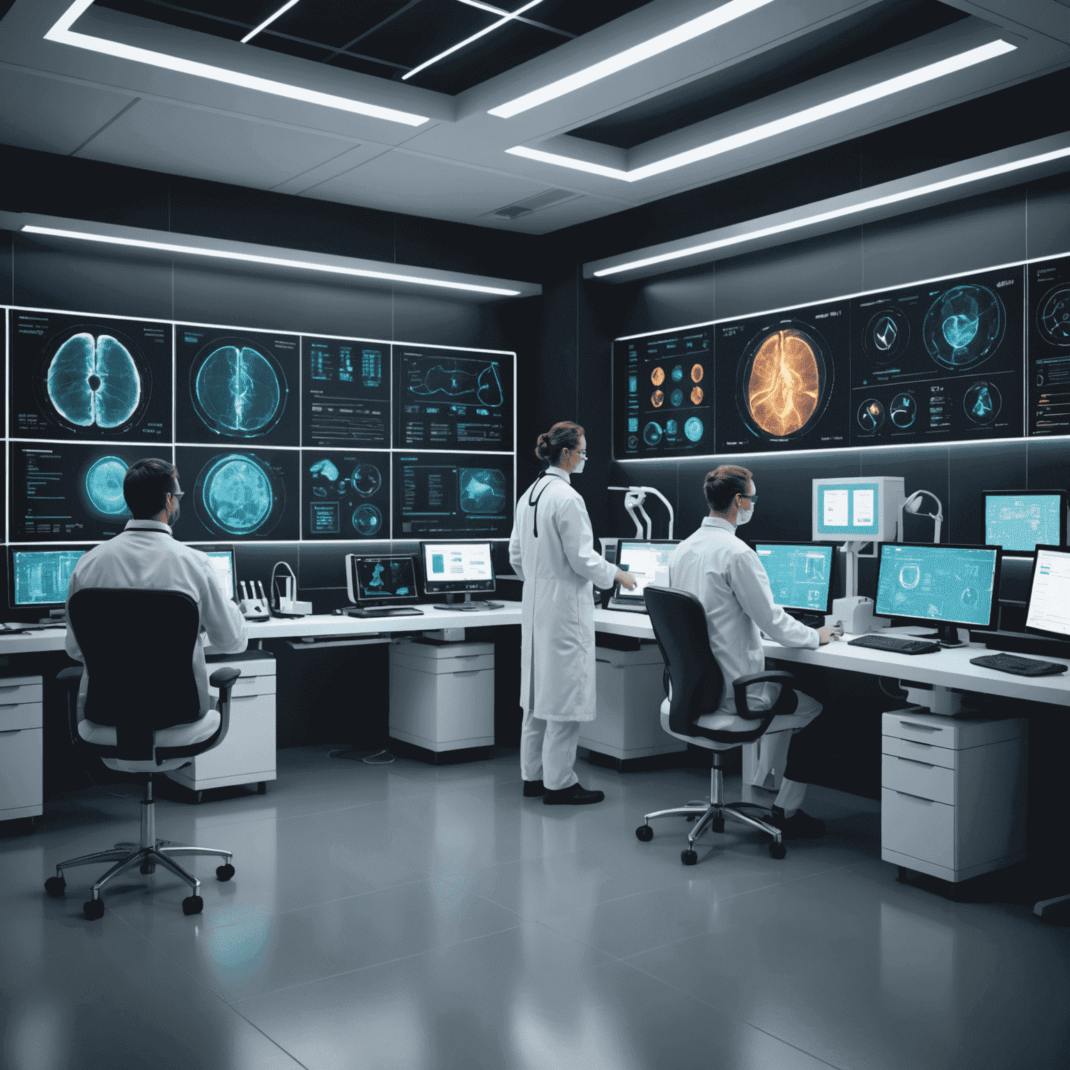 A futuristic medical lab with AI-powered diagnostic equipment and holographic displays showing patient data and AI analysis results