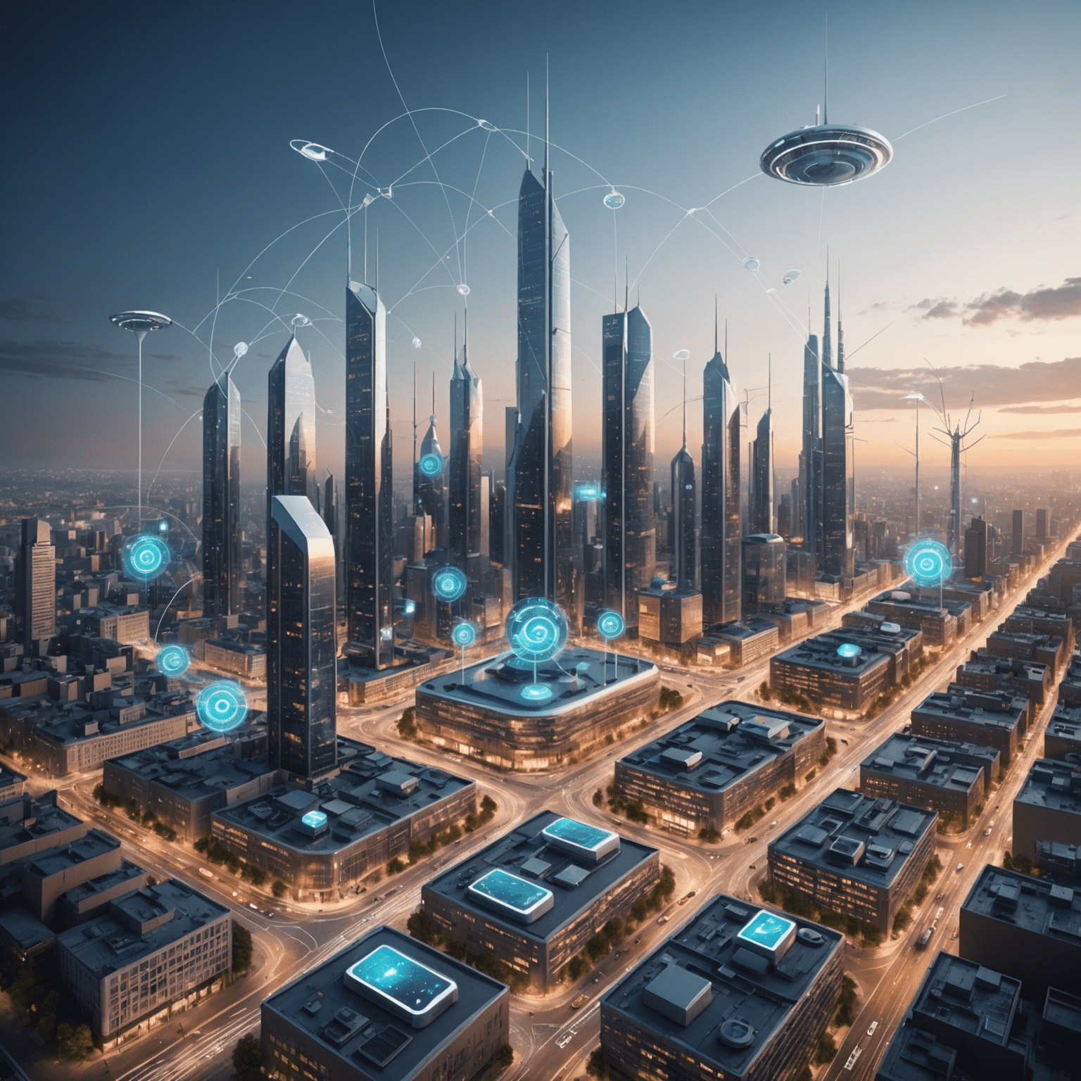 Futuristic cityscape with 5G antennas and connected devices, showcasing the potential of 5G technology in smart cities