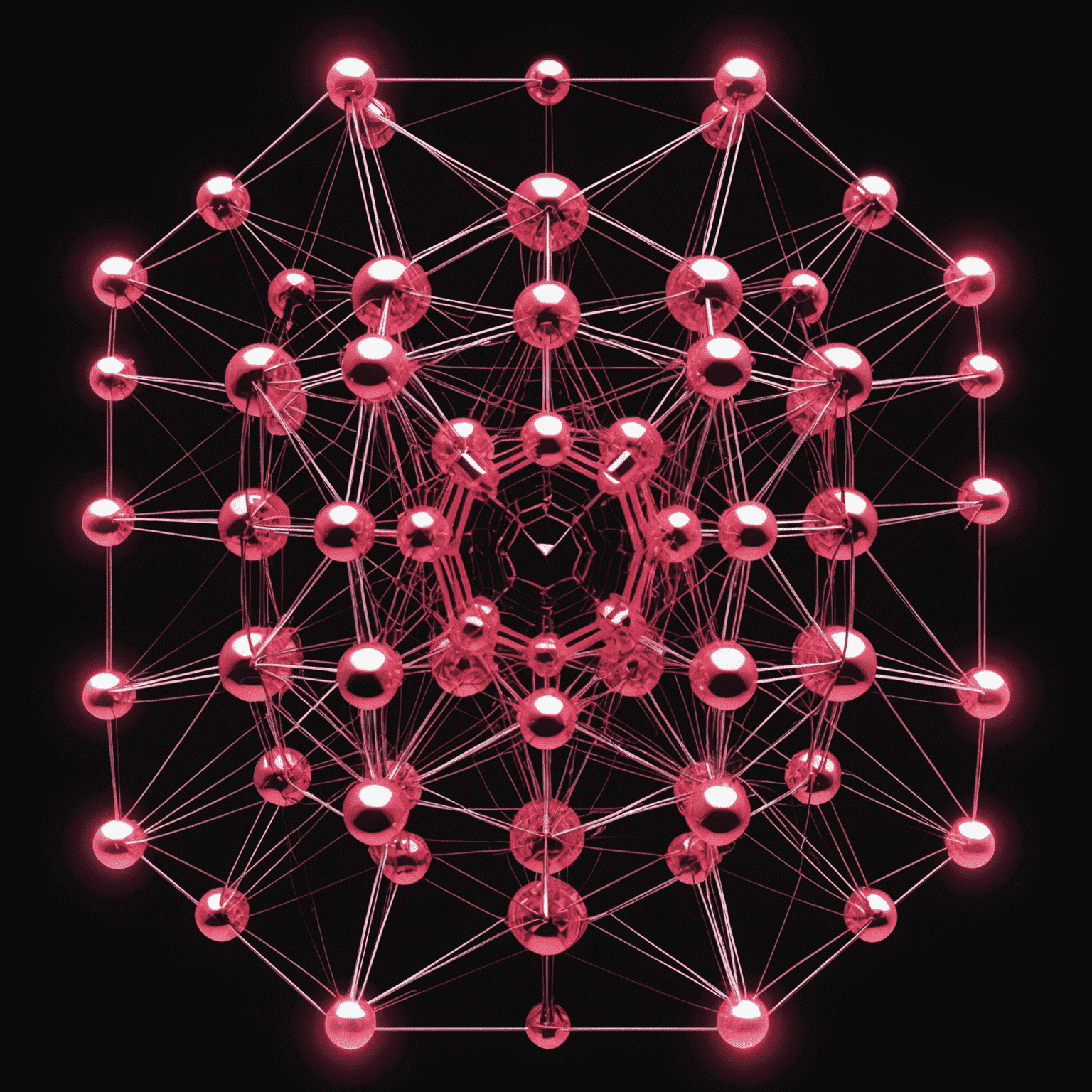 A futuristic visualization of quantum computing, showing interconnected qubits and complex data structures in a vibrant display of red, pink, and white light against a black background.