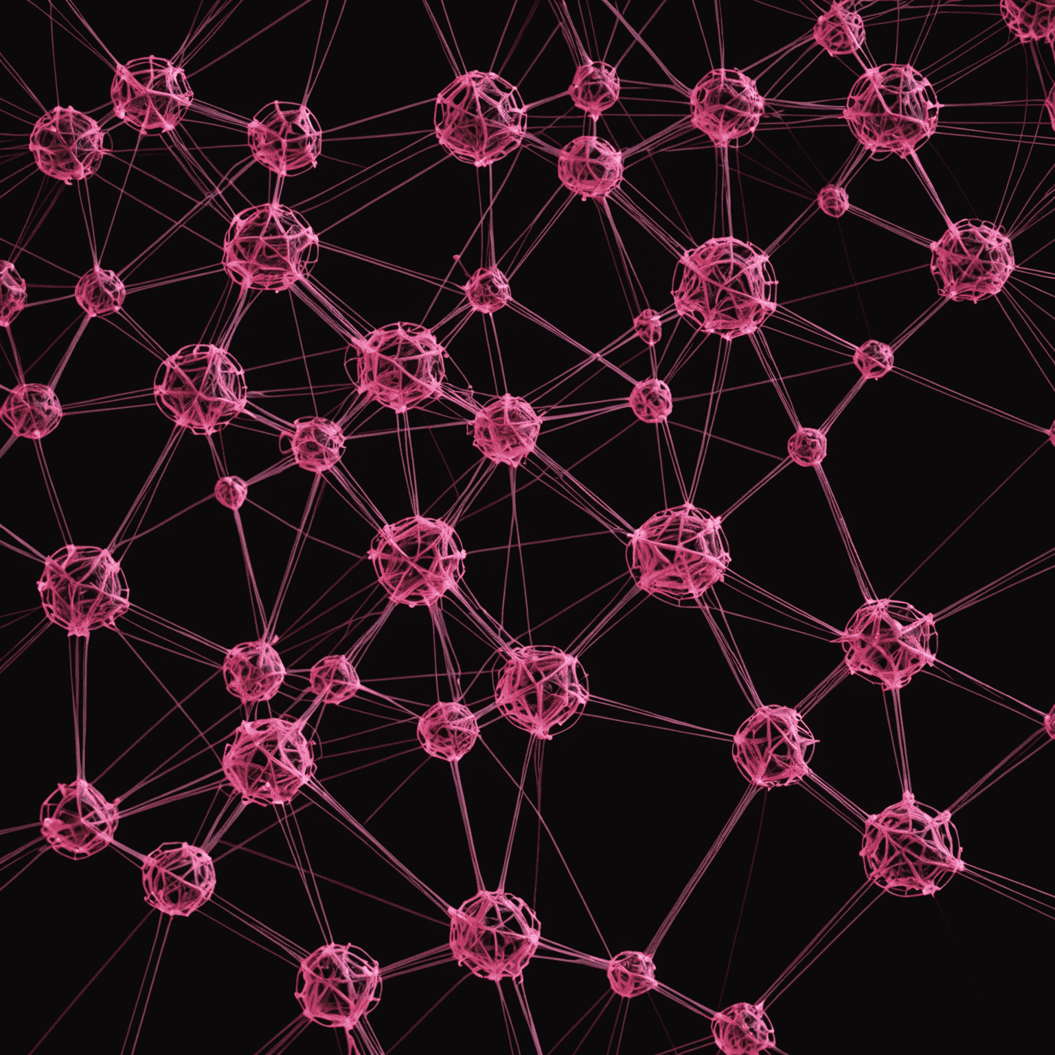 A complex visualization of interconnected nodes representing a neural network, with glowing red and pink connections on a black background