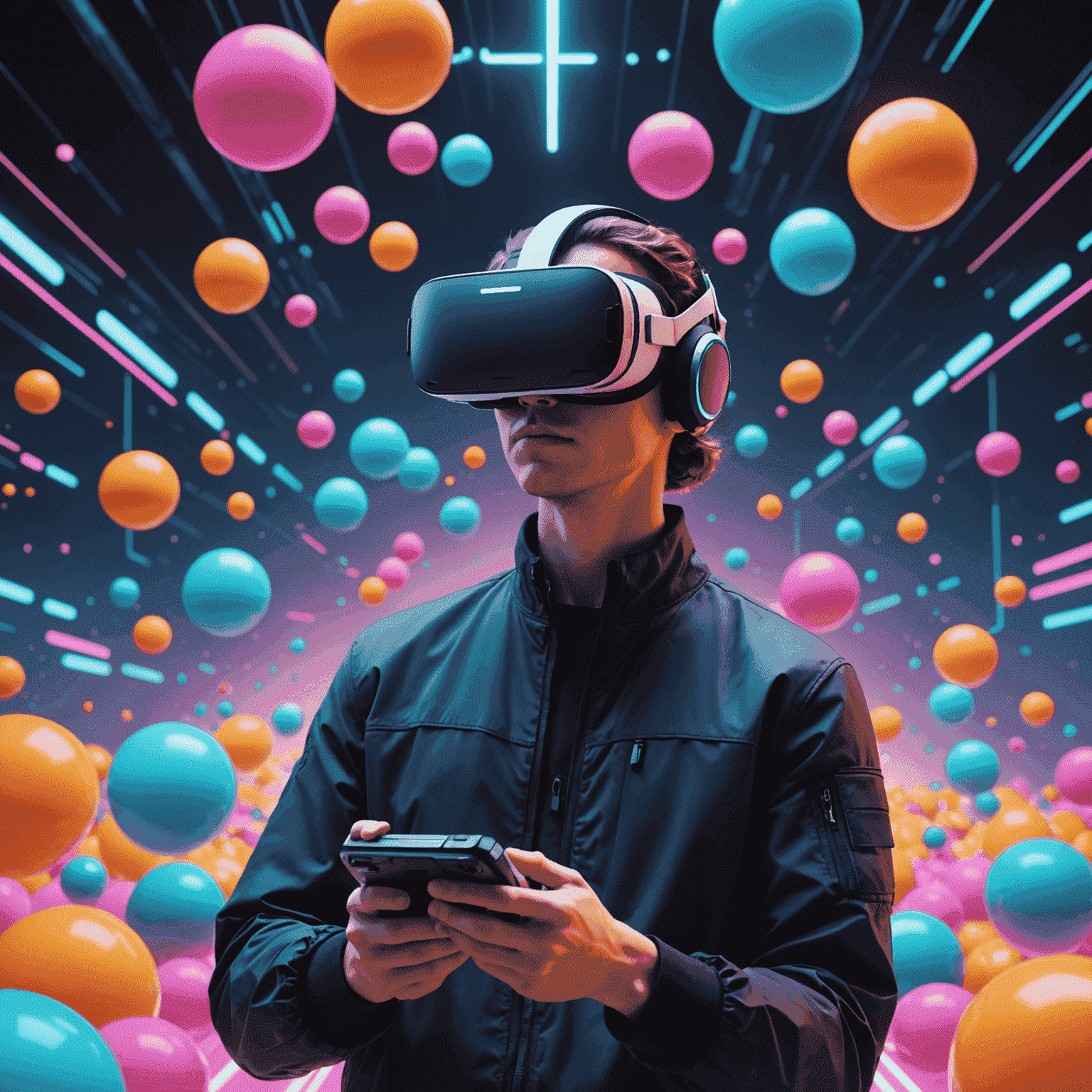 A person wearing a VR headset, immersed in a colorful, futuristic virtual environment with floating objects and interactive elements