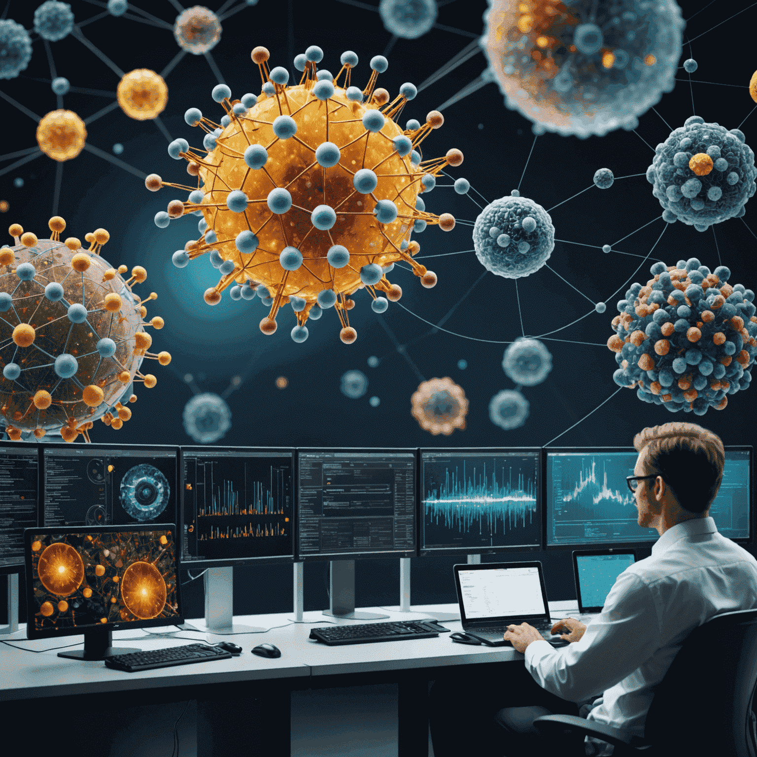 A split-screen image showing various industry applications of quantum computing, including molecular modeling for drug discovery, complex financial calculations, and AI neural networks