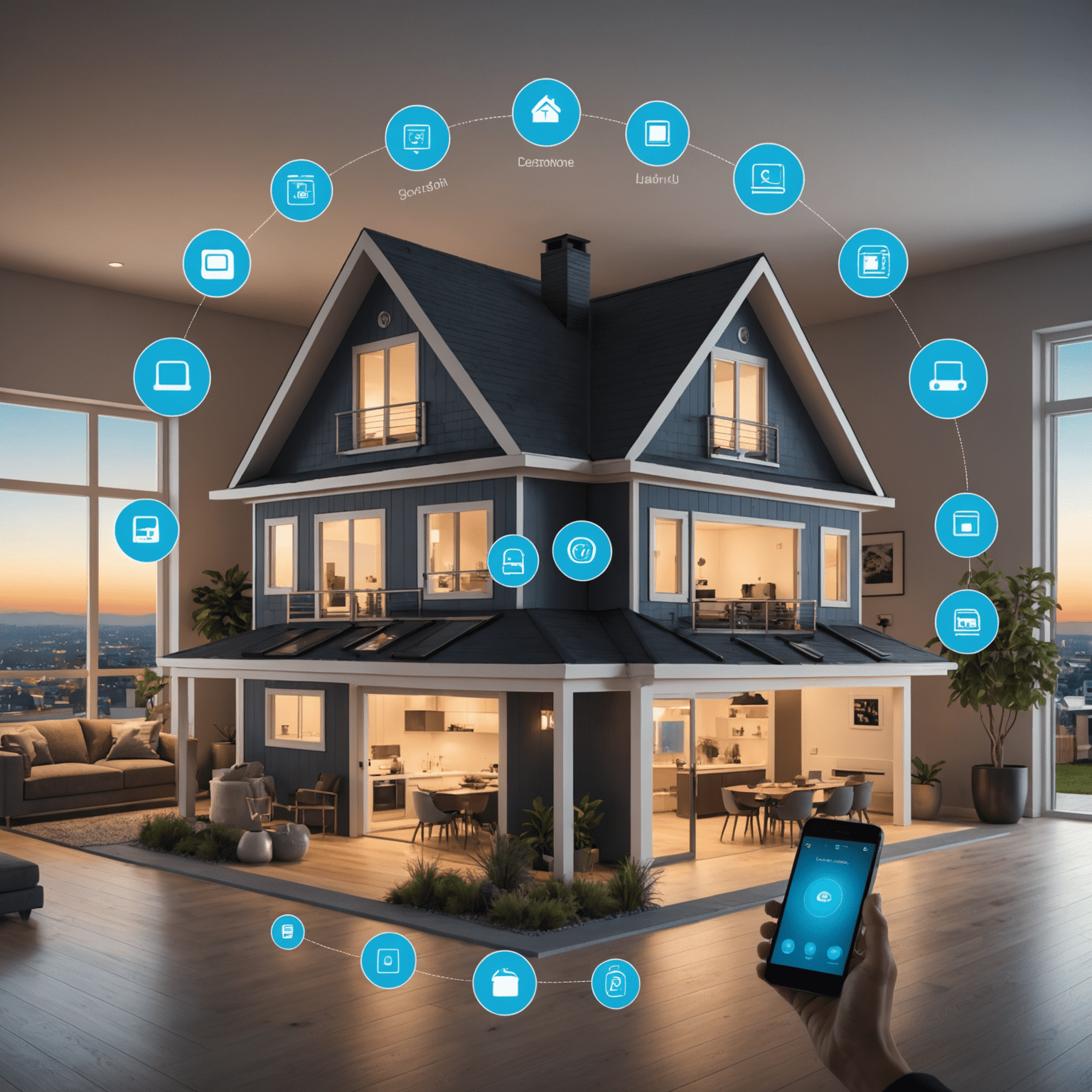 An illustration of a modern smart home with various IoT devices visible, such as smart thermostats, lighting systems, security cameras, and appliances. The image shows these devices working in harmony, controlled by a central hub or smartphone.