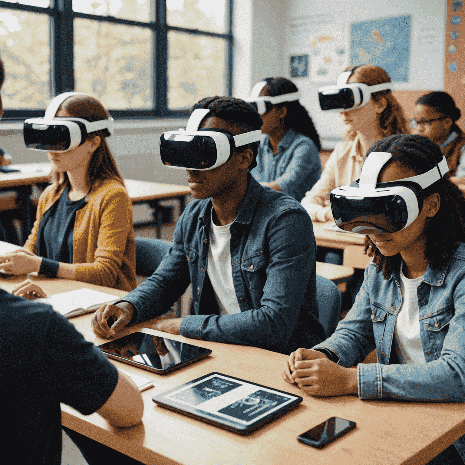 Students using VR headsets in a classroom setting, interacting with 3D models and virtual experiments