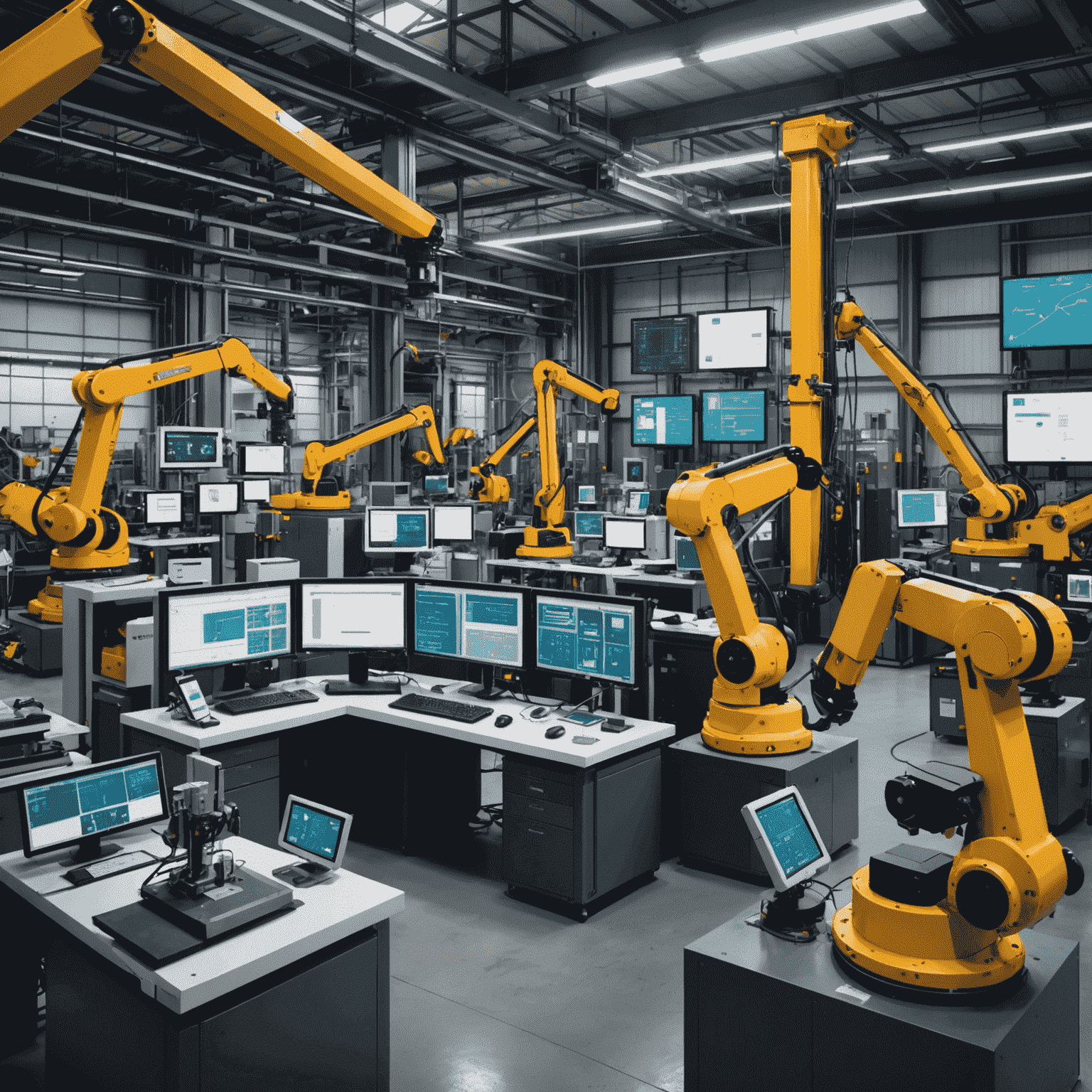 A complex industrial setting showcasing various IoT applications, including automated machinery, robotic arms, sensor networks, and data visualization screens. The image emphasizes the integration of IoT in improving industrial processes and efficiency.