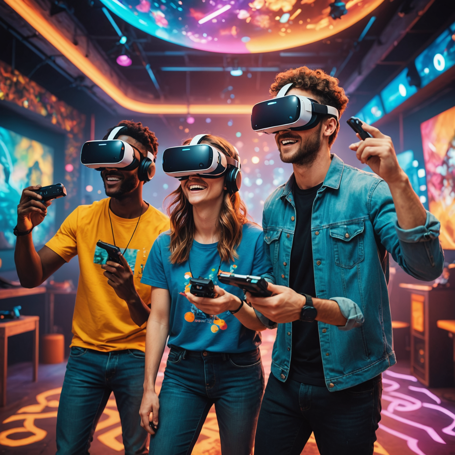 A group of friends enjoying a multiplayer VR game in a vibrant, fantastical environment