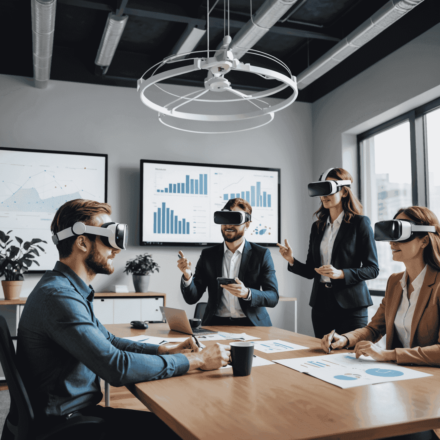 Professionals using VR for a virtual meeting, with 3D charts and product models floating around them