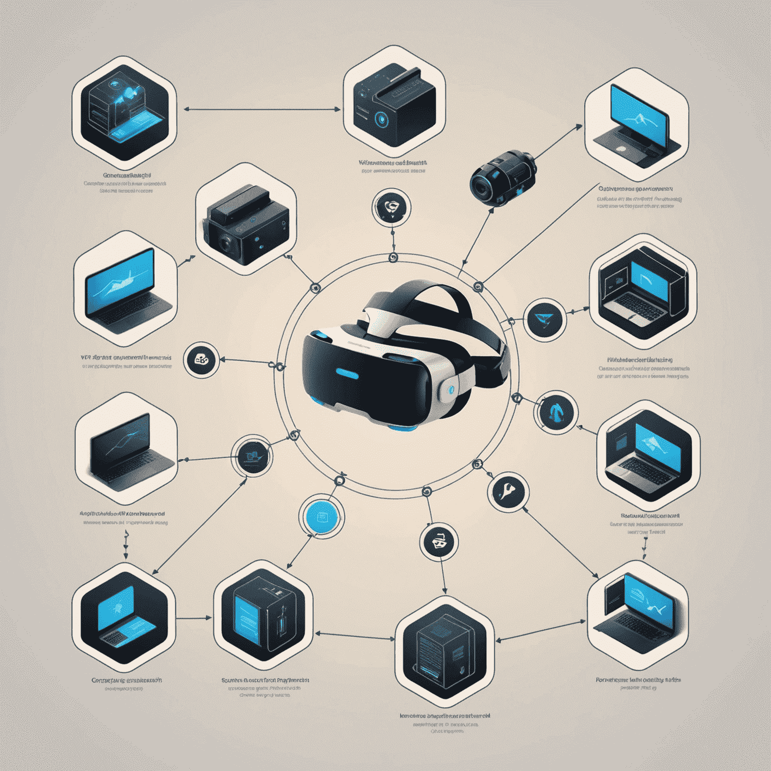 A visual representation of the VR development process, showing stages from concept to deployment with icons and connecting lines